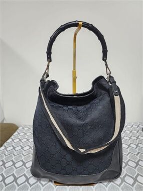 Authentic Gucci Vintage GG Canvas Bamboo Satchel Bag Black